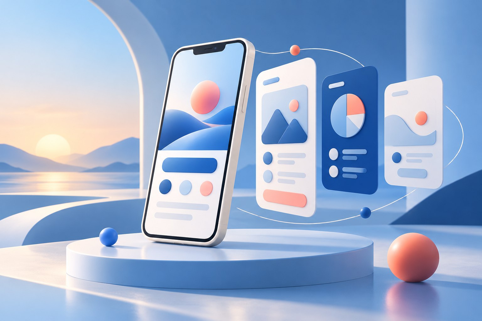 Ilustrasi purwarupa aplikasi mobile dengan kartu antarmuka dan alur gestur.