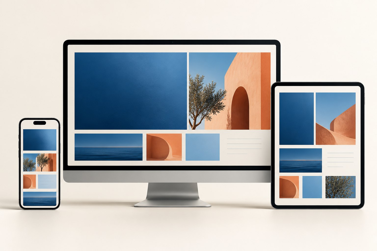 Ilustrasi tata letak website yang menyesuaikan layar desktop, tablet, dan ponsel.